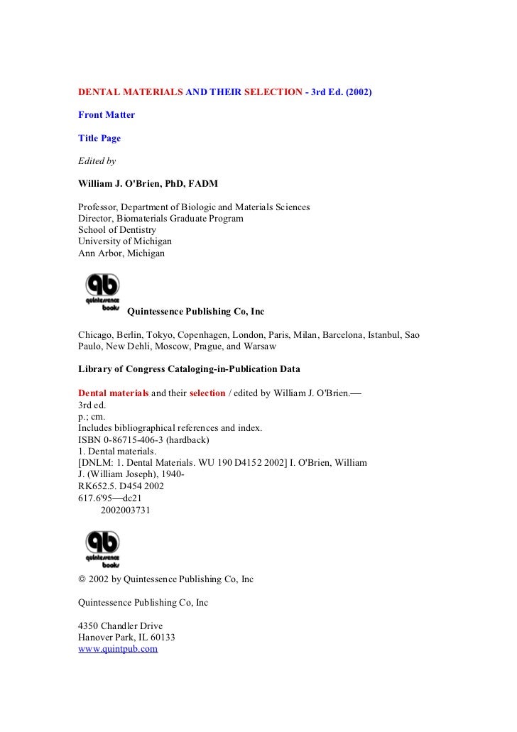 Dental Materials and Their Selection 3rd Edition